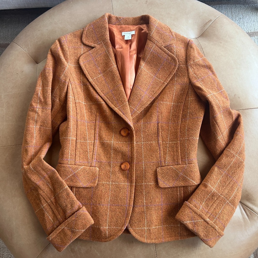 Halogen Wool Blazer Womens M Rust Orange Plaid Equestrian Academia Heritage